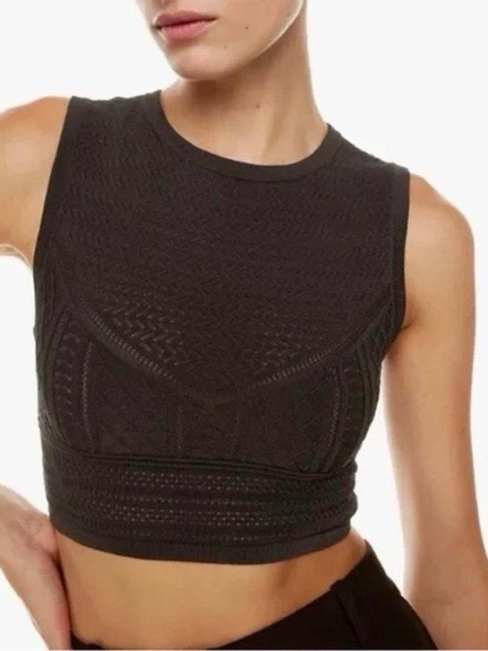 Aritzia Babaton Pointelle Cropped Tank Top in Black.